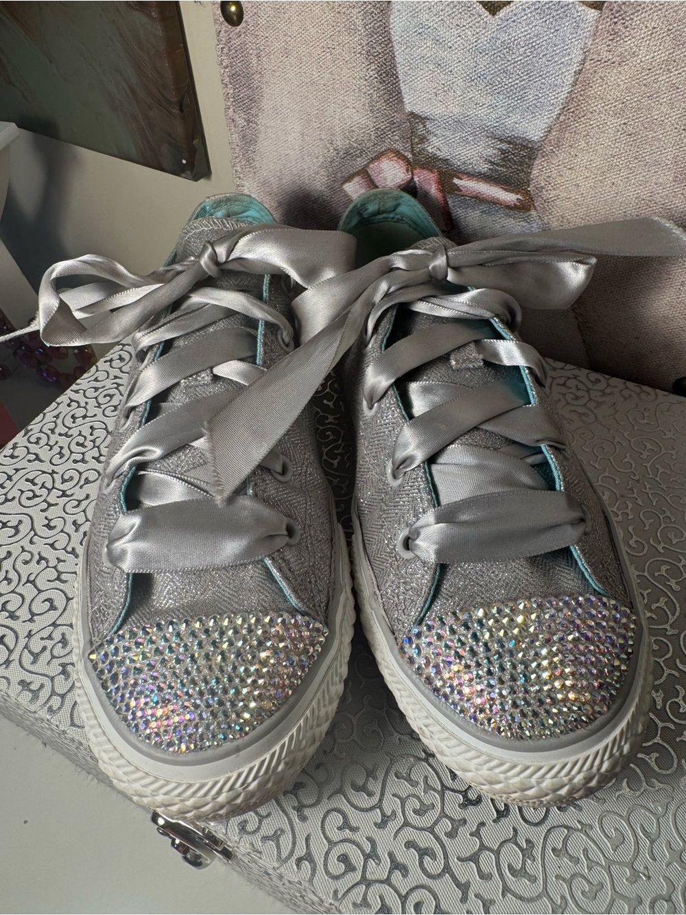 Converse Silver Rhinestone Women's Low-Top Sneakers with Satin Laces